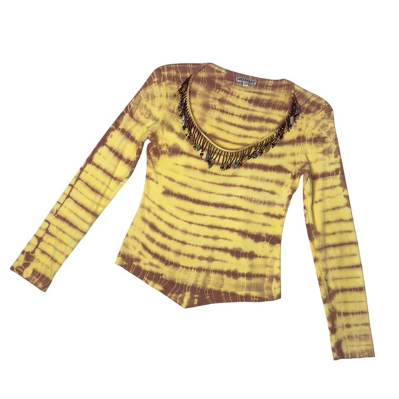 Santa Barbara Yellow and Brown Tie-Dye Beaded Scoop Neck Long Sleeve Top Medium - Picture 7 of 14